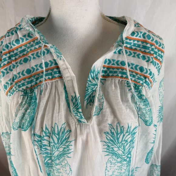 Crown & Ivy Womens Med Pineapple Shirt White with Green Pineapple Orange Fringe - Picture 3 of 9